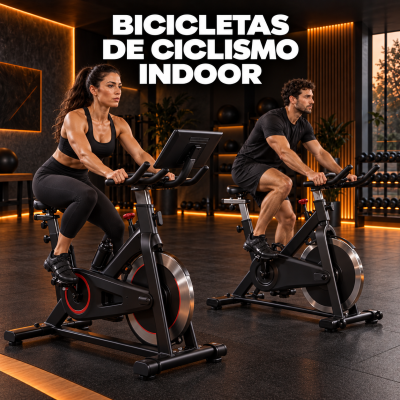 Duas bicicletas de ciclismo indoor pretas usadas por homem e mulher em ginásio moderno com iluminação LED.