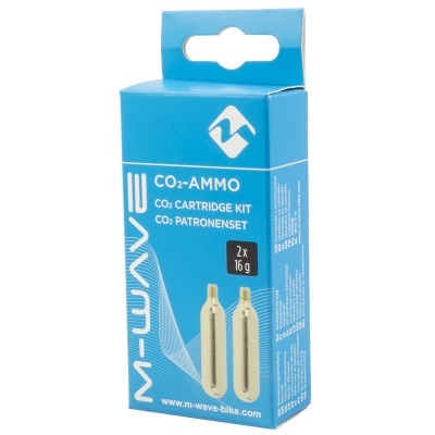 Embalagem azul com dois cartuchos dourados de CO2 para bicicleta M-WAVE