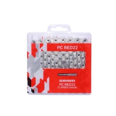 Caixa de corrente SRAM PC RED22 11 velocidades em embalagem transparente com fundo vermelho e branco