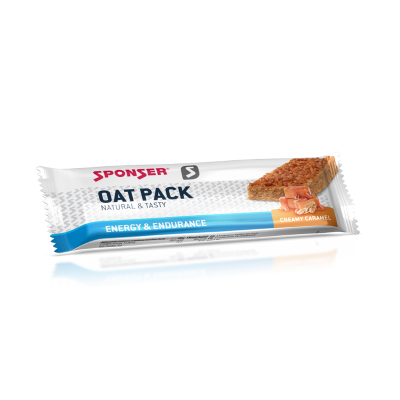 Barra energética SPONSER OAT PACK sabor caramelo cremosa com embalagem branca e azul