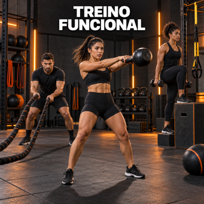 Três pessoas a fazer treino funcional em ginásio com equipamento variado e texto TREINO FUNCIONAL