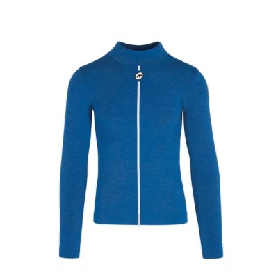 Camisola de malha azul com fecho branco e detalhe circular