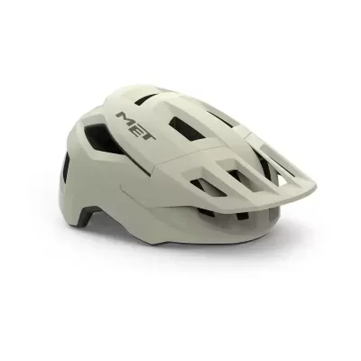 Capacete de ciclismo bege com várias aberturas e texto MET lateral