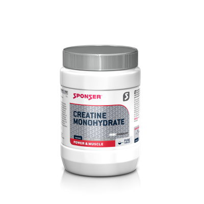 Frasco branco de suplemento Creatine Monohydrate da Sponser com tampa cinza