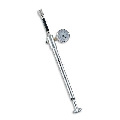 Bomba de suspensão para bicicleta prateada com manómetro e mangueira preta