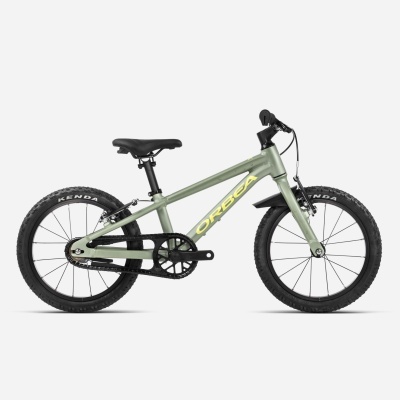 Bicicleta infantil Orbea verde oliva com pneus pretos e selim preto