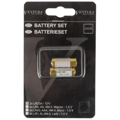 Embalagem de conjunto de pilhas Ventura preta com duas pilhas LR23A 12V visíveis em blister