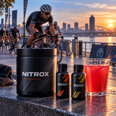 Produtos NITROX e ENERGY ao lado de copo com líquido vermelho, ciclistas ao fundo ao pôr do sol