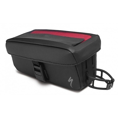 Bolsa preta e vermelha para bicicleta com fecho e suporte de fixação