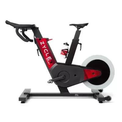 Bicicleta estática de spinning preta e vermelha ZYCLE com suporte para garrafa