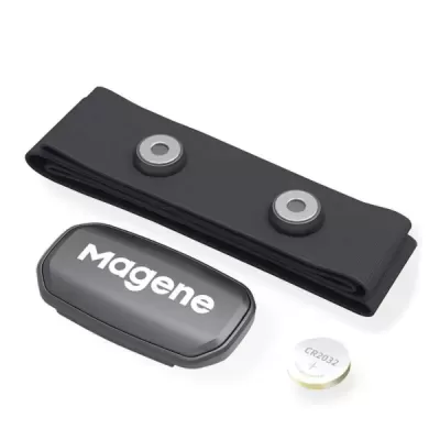 Conjunto monitor cardíaco Magene com cinta preta, módulo e pilha