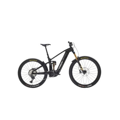 Bicicleta de montanha elétrica Trek preta com suspensão dourada e pneus Maxxis