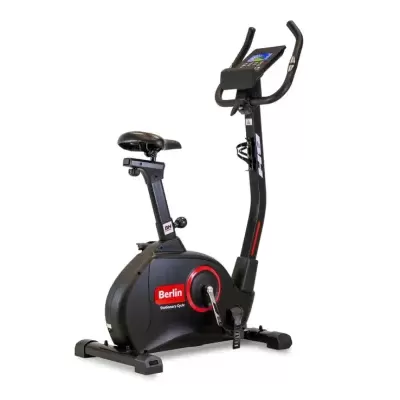 Bicicleta estática ergométrica preta com ecrã digital e detalhes vermelhos