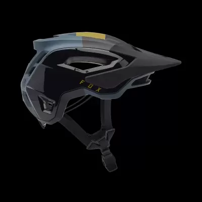 Capacete de bicicleta preto e cinza com detalhes amarelos e a palavra FOX