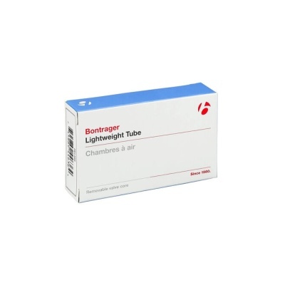 Embalagem de câmara de ar Bontrager Lightweight Tube branca com detalhes em azul e vermelho