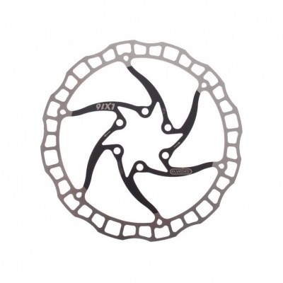 Disco de travão para bicicleta em metal prateado e preto com design de seis braços curvos