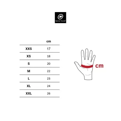 Tabela de tamanhos para luvas com medidas em centímetros e ilustração de mão a medir circunferência.