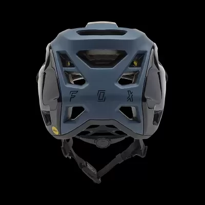 Capacete de bicicleta azul fosco com o texto FOX na parte de trás