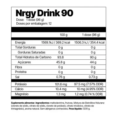 Etiqueta do suplemento alimentar Nrgy Drink 90 com informação nutricional e ingredientes