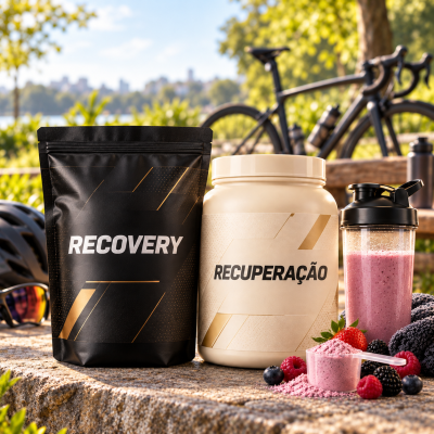 Produtos de recuperação desportiva com embalagem preta e bege, shaker com bebida rosa, frutas vermelhas e bicicleta ao fundo em parque.