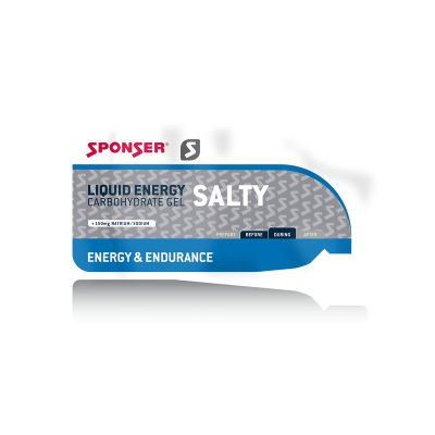 Gel energético líquido Sponser Salty para energia e resistência em embalagem flexível cinzento, branco e azul.