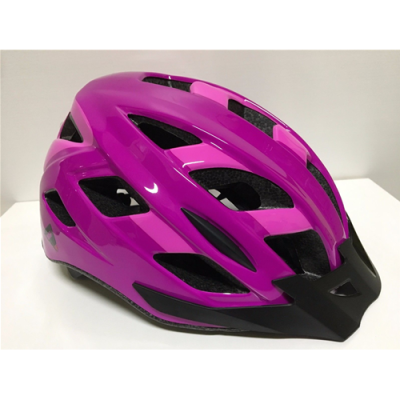 Capacete de ciclismo roxo com detalhes pretos em fundo branco