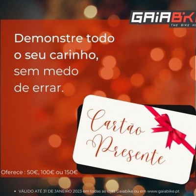 Imagem promocional cartão presente Gaia Bike com fundo vermelho e texto promocional