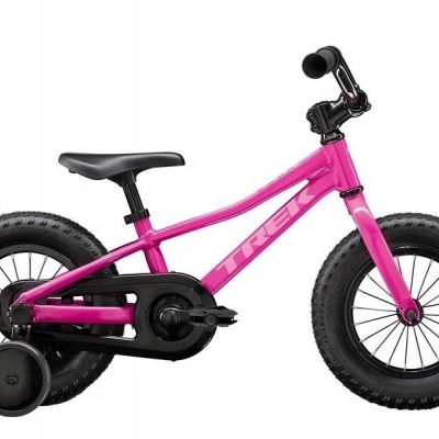 Bicicleta infantil rosa com rodas de treino pretas e guiador preto