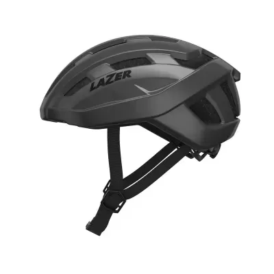 Capacete de bicicleta preto com correias ajustáveis e logo LAZER