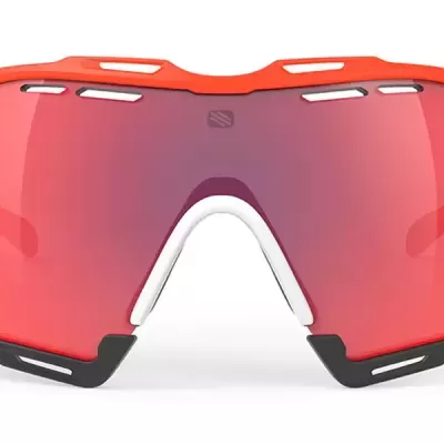 Óculos de sol desportivos com lentes vermelhas espelhadas e armação branca