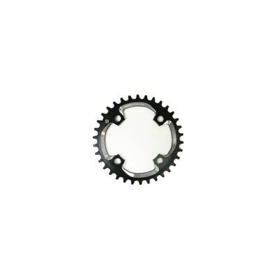 Coroa de bicicleta preta circular com dentes e quatro orifícios no centro