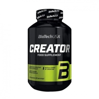 Frasco preto de suplemento alimentar BioTechUSA CREATOR com rótulo verde e texto branco.