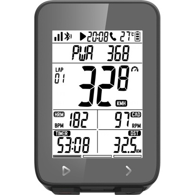 Computador de bicicleta digital com ecrã preto e branco a mostrar dados de desempenho