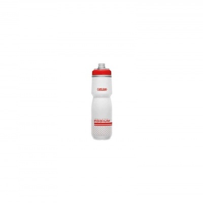 Garrafa desportiva branca com tampa vermelha e texto vermelho