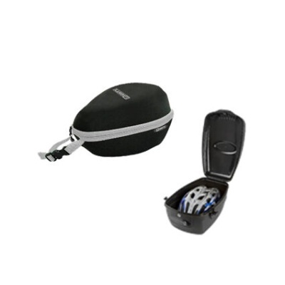 Estojo rígido preto com capacete branco e azul dentro