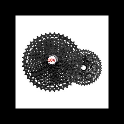 Cassete de bicicleta preto com texto 10V em fundo branco