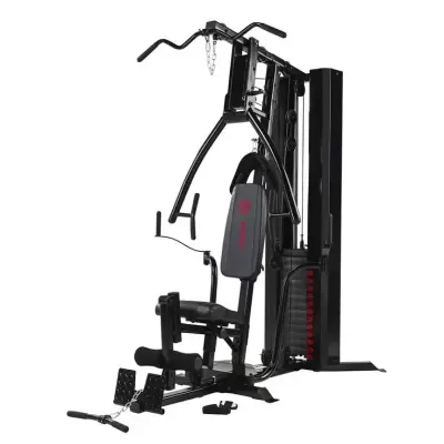 Aparelho de ginásio multifuncional preto com banco almofadado e pesos ajustáveis