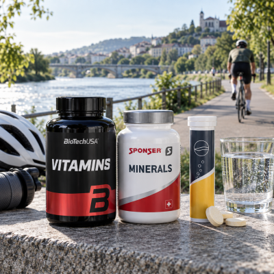 Frascos de suplementos alimentares junto a um rio com ciclista ao fundo