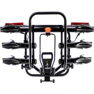 suporte metálico preto para bicicletas com refletores vermelhos