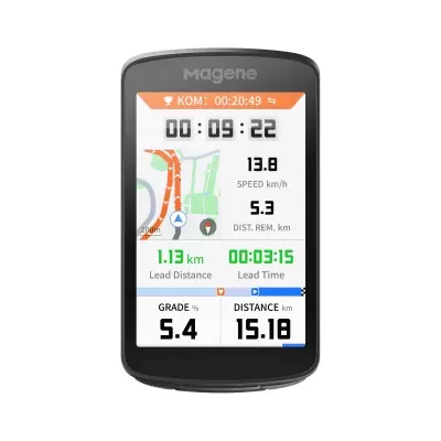 Computador de ciclismo Magene com ecrã colorido a mostrar mapas e dados de treino
