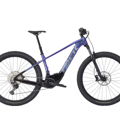 Bicicleta de montanha elétrica azul e preto com suspensão dianteira