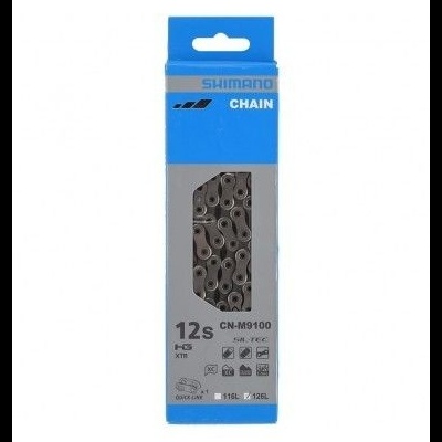 Caixa de corrente para bicicleta Shimano CN-M9100 azul e cinza com corrente visível