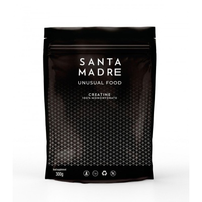 Embalagem preta de suplemento Santa Madre Creatine com padrão geométrico