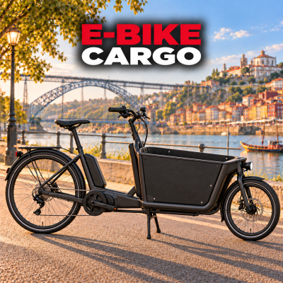 Bicicleta elétrica cargo preta com grande compartimento de carga, vista em zona ribeirinha com ponte ao fundo.