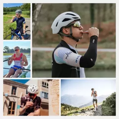 Atletas com capacetes e óculos escuros a consumir barras energéticas em várias atividades ao ar livre