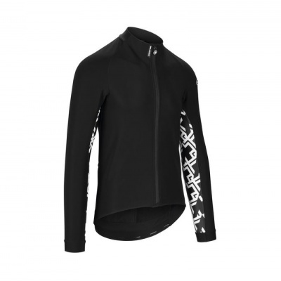 Casaco desportivo preto com detalhes em padrão gráfico preto e branco