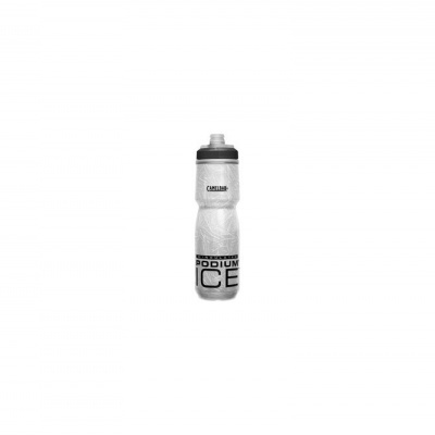 Garrafa desportiva branca translúcida com texto preto e tampa cinza