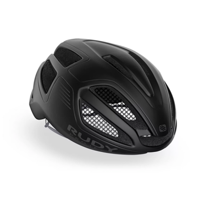 Capacete de ciclismo preto com ventilações e texto RUDY