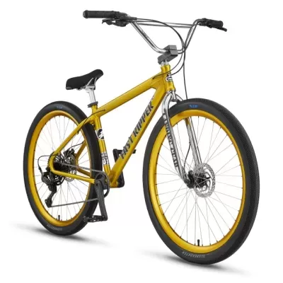 Bicicleta amarela com pneus pretos aro amarelo e guiador cromado