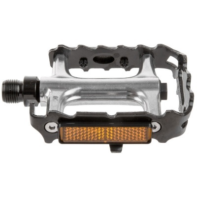 Pedal de bicicleta metálico com reflector laranja e laterais pretas